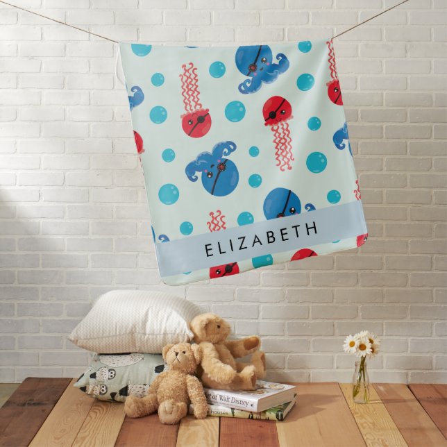 Pirate Octopus, Pirate Jellyfish, Sea, Your Name Baby Blanket (In Situ)