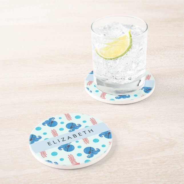 Pirate Octopus, Pirate Jellyfish, Sea, Your Name Coaster (Side)