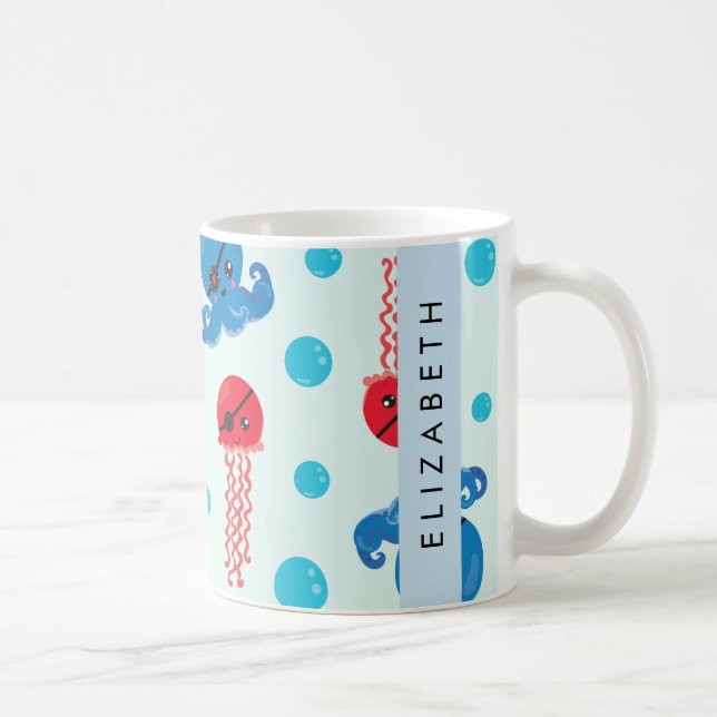 Pirate Octopus, Pirate Jellyfish, Sea, Your Name Coffee Mug (Right)