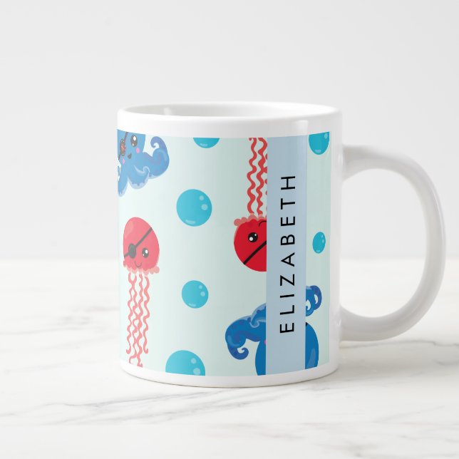 Pirate Octopus, Pirate Jellyfish, Sea, Your Name Giant Coffee Mug (Right)