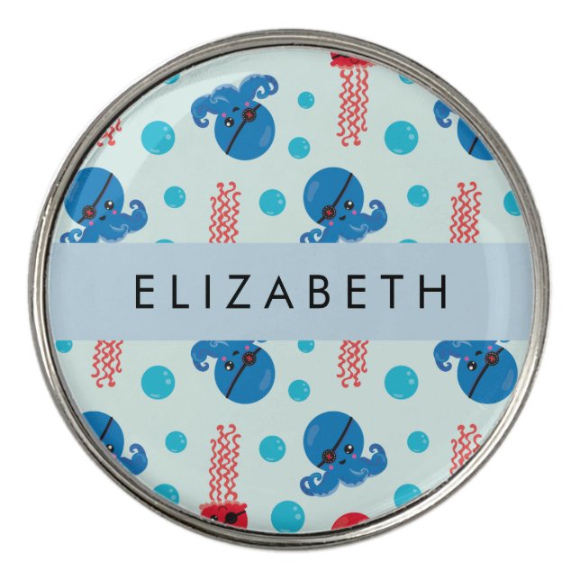 Pirate Octopus, Pirate Jellyfish, Sea, Your Name Golf Ball Marker (Front)