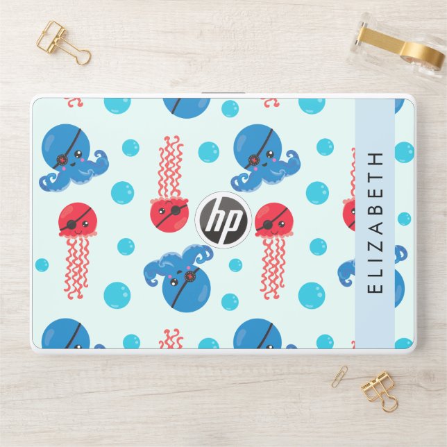 Pirate Octopus, Pirate Jellyfish, Sea, Your Name HP Laptop Skin (Desk)