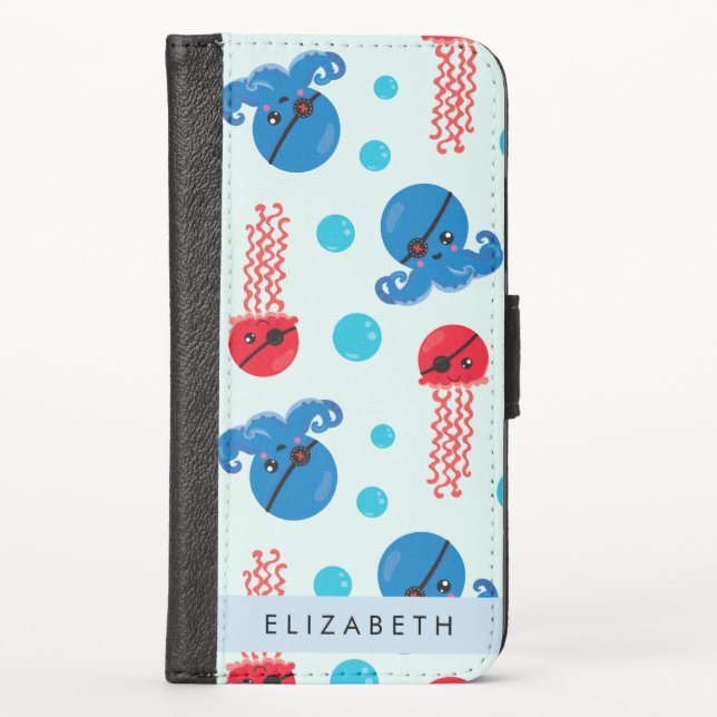 Pirate Octopus, Pirate Jellyfish, Sea, Your Name iPhone Wallet Case (Front)