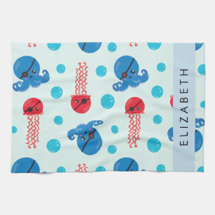 Pirate Octopus, Pirate Jellyfish, Sea, Your Name Kitchen Towel