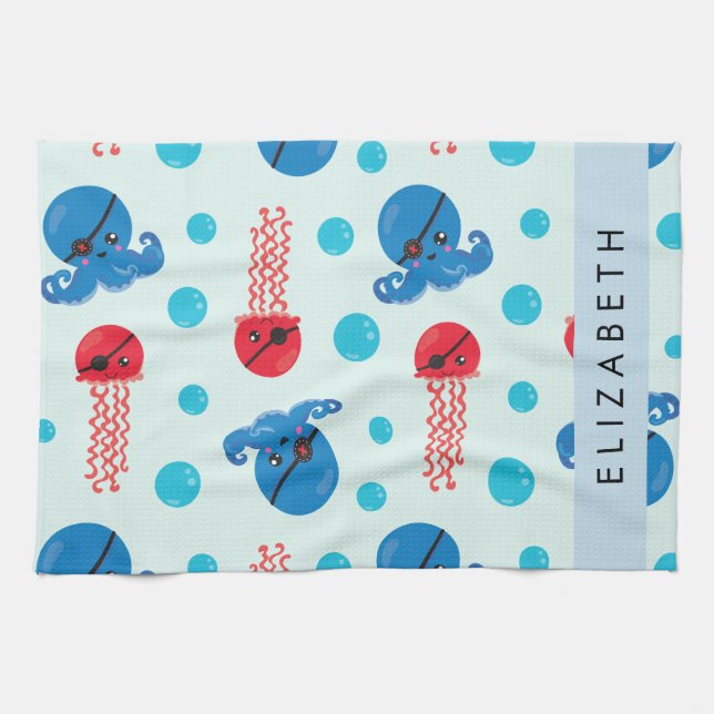 Pirate Octopus, Pirate Jellyfish, Sea, Your Name Kitchen Towel (Horizontal)
