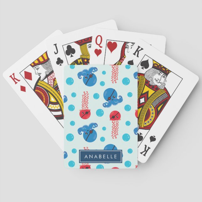 Pirate Octopus, Pirate Jellyfish, Sea, Your Name Poker Cards (Back)