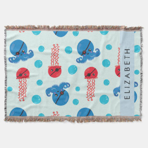 Pirate Octopus, Pirate Jellyfish, Sea, Your Name Throw Blanket