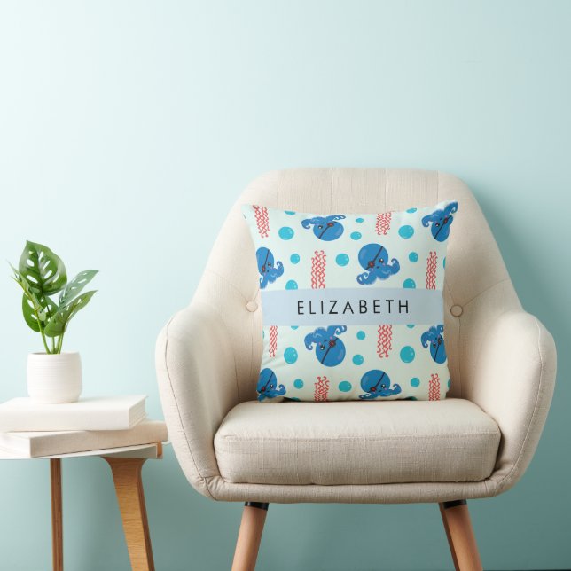 Pirate Octopus, Pirate Jellyfish, Sea, Your Name Throw Pillow (Chair)