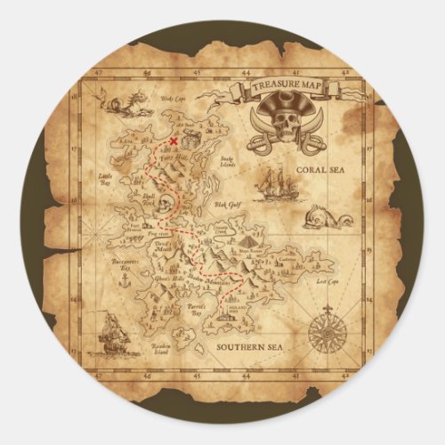 Pirate Old Vintage Treasure Map Birthday Party Classic Round Sticker
