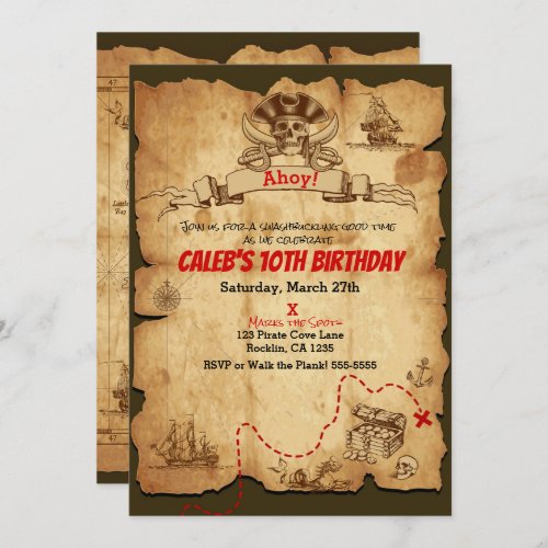 Pirate Old Vintage Treasure Map Birthday Party Invitation