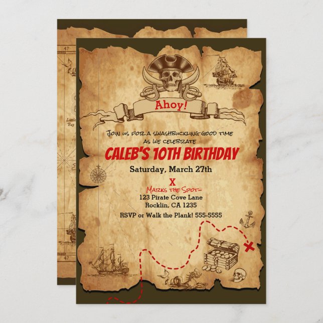 Pirate Old Vintage Treasure Map Birthday Party Invitation (Front/Back)