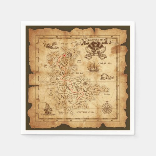 Pirate Old Vintage Treasure Map Birthday Party Paper Napkins