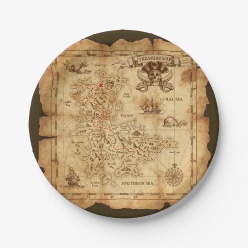 Pirate Old Vintage Treasure Map Birthday Party Paper Plates