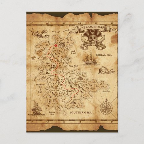 Pirate Old Vintage Treasure Map Postcard