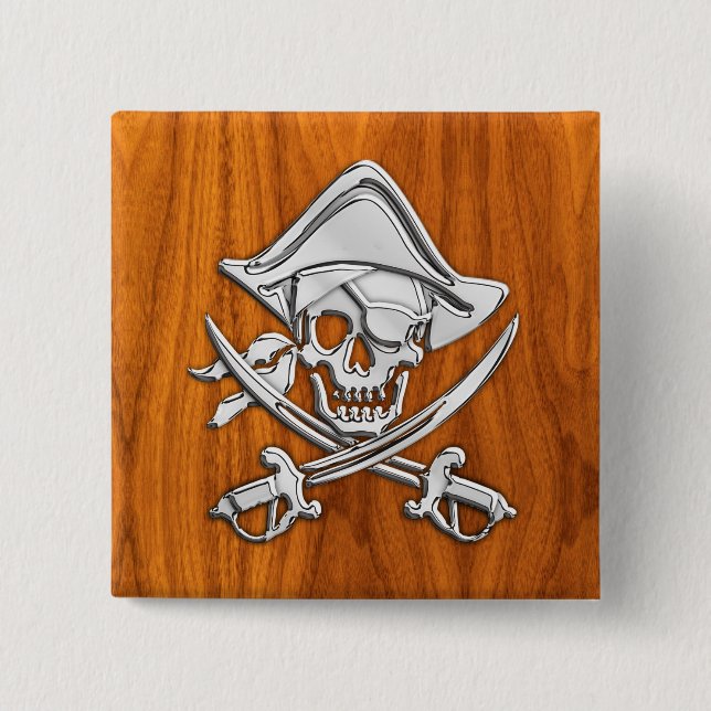 Pirate on Teak Wood Style Button (Front)