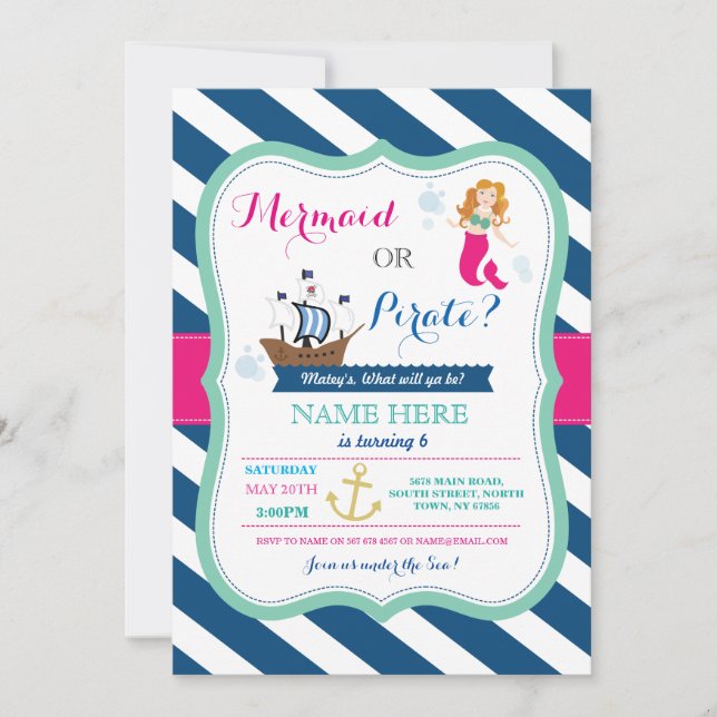 Pirate or Mermaid Any Age Birthday Party Invite (Front)