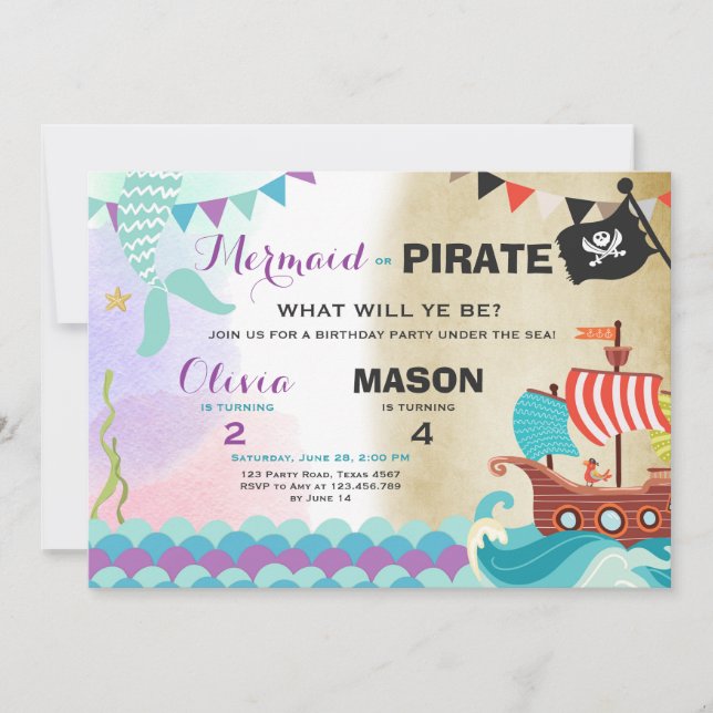 Pirate or Mermaid birthday invitation Siblings (Front)
