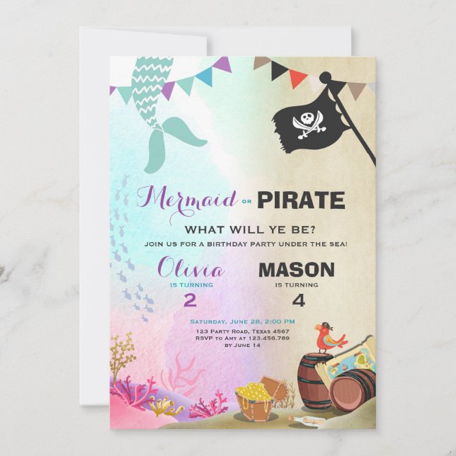 Pirate or Mermaid birthday invitation Siblings (Front)