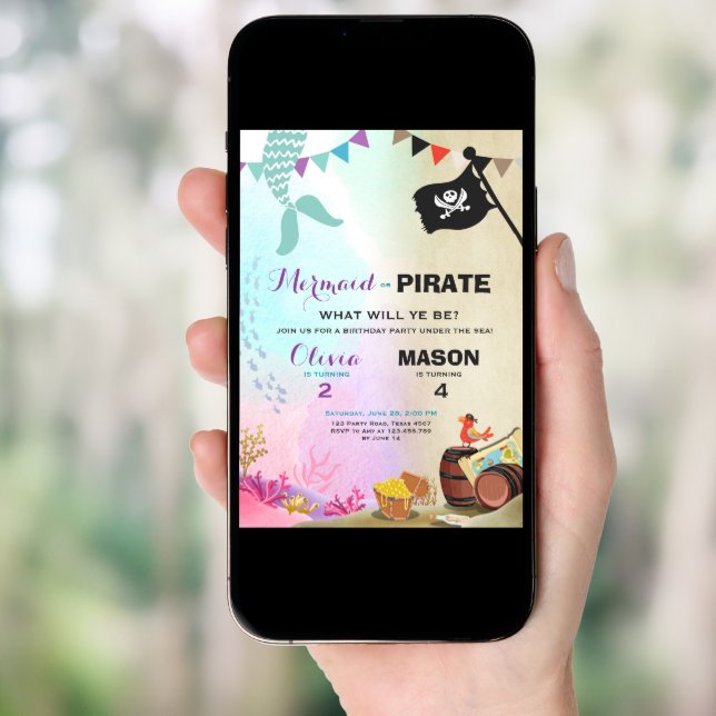 Pirate or Mermaid birthday invitation Siblings (Front Digital)