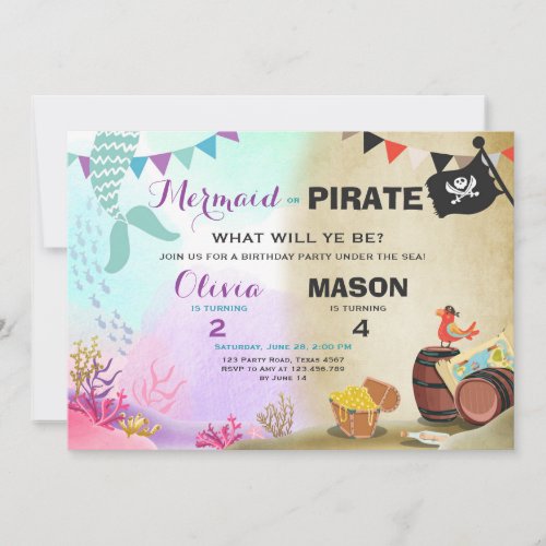 Pirate or Mermaid birthday invitation Siblings Joi