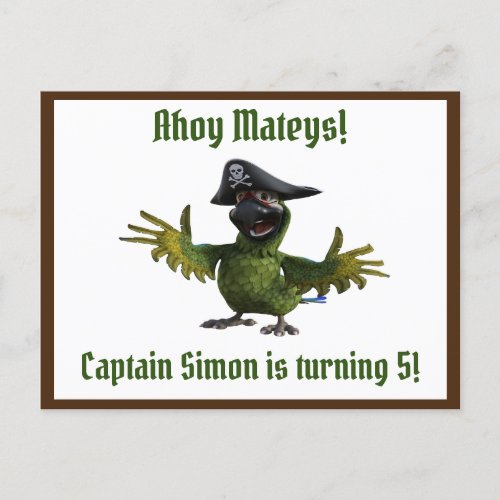 Pirate Parrot Cute Funny Happy Birthday Party Invitation Postcard