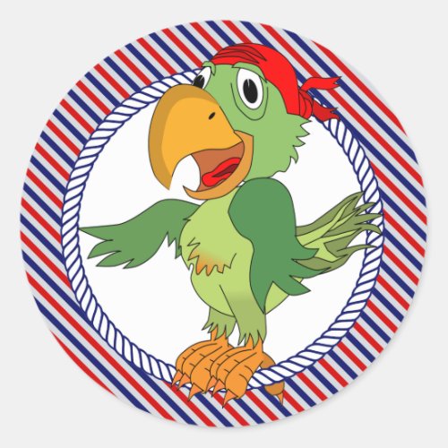 Pirate Parrot Nautical Stripes Classic Round Sticker
