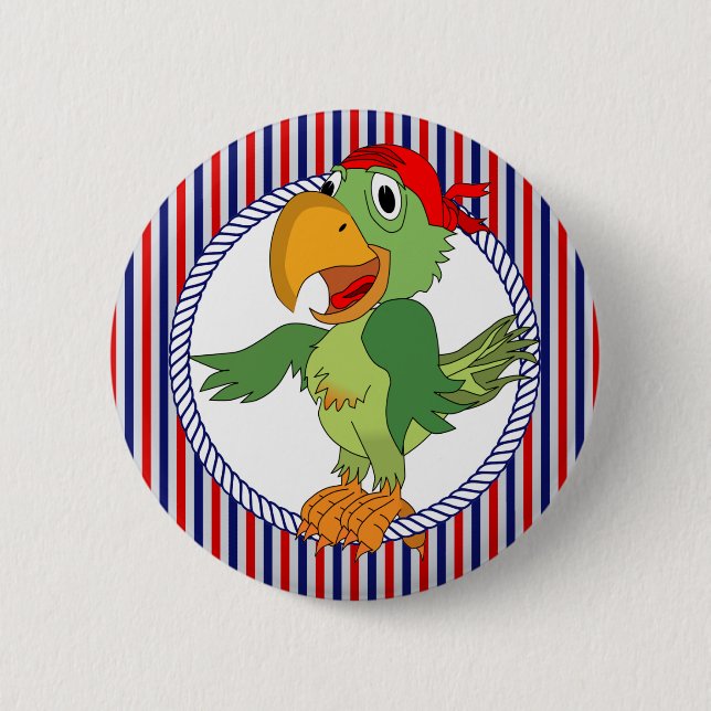 Pirate Parrot Nautical Stripes Pinback Button (Front)