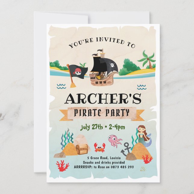 Pirate party invitation, Pirate birthday Invitation (Front)