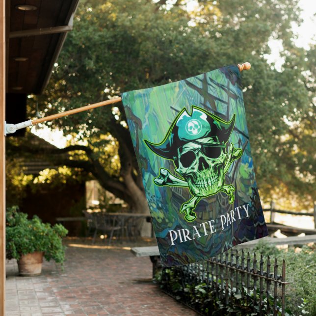 Pirate Party Skull Captain Green Cross Bones House Flag (In SItu)