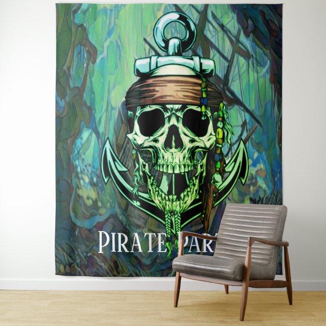 Pirate Party Skull Captain Green Ghost Ship  Tapestry (In Situ)