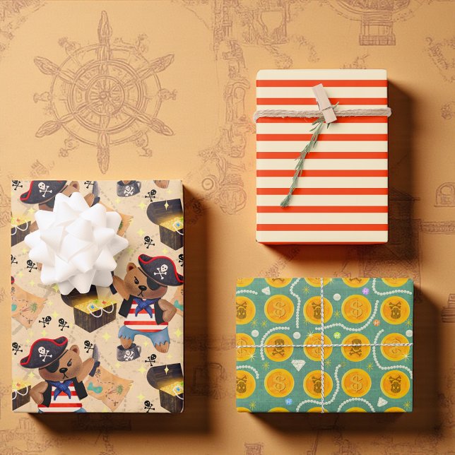 Pirate Party with Bears, Stripes, and Treasure  Wrapping Paper Sheets (Pirate party gift wrap set with bears, stripes, and gold coins — perfect for kids’ pirate birthdays.)