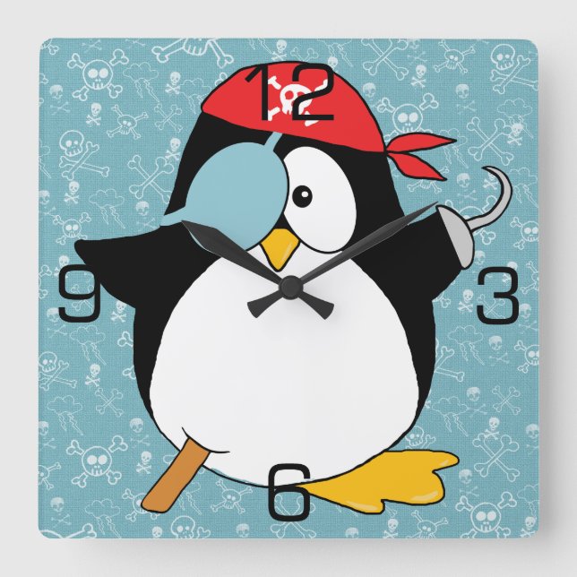 Pirate Penguin Graphic Square Wall Clock (Front)