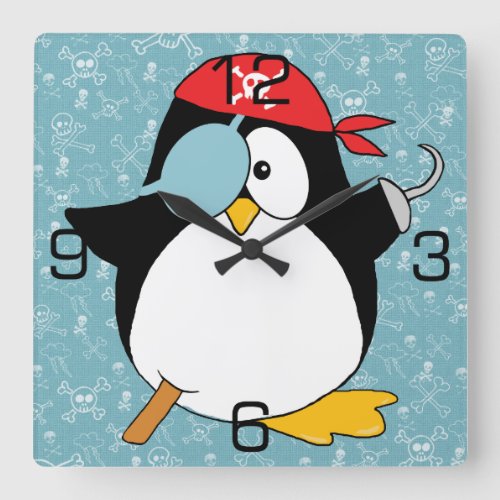 Pirate Penguin Graphic Square Wall Clock