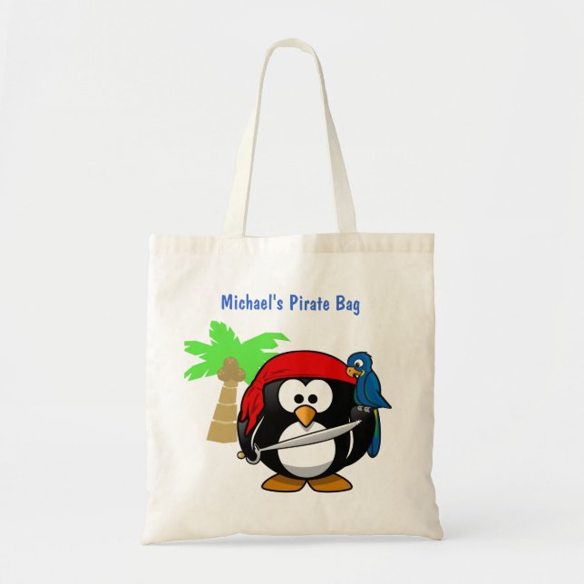 Pirate Penguin Parrot and Palm Optional Name Beach Tote Bag (Front)