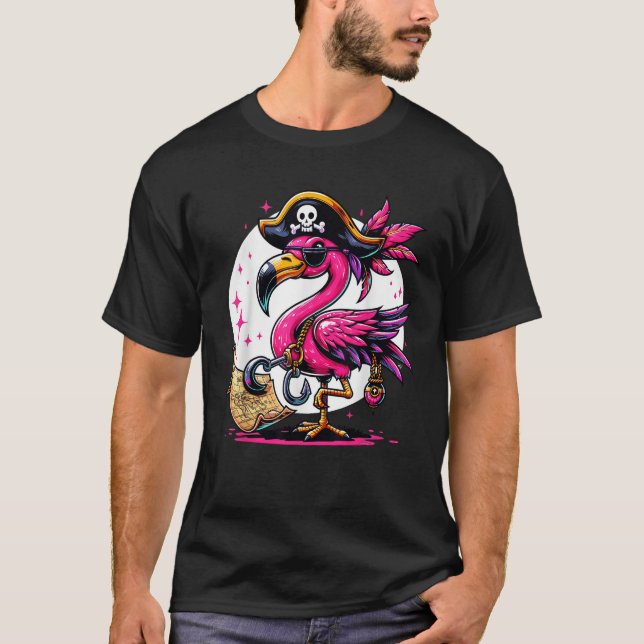 Pirate Pink Flamingo Halloween Party Jolly Roger  T-Shirt (Front)