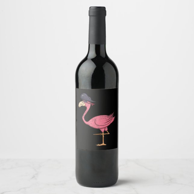 Pirate Pink Flamingo With Eyepatch Halloween Wine Label (Front)