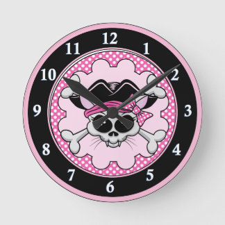 Pirate Princess Kitty Skull Round Clock