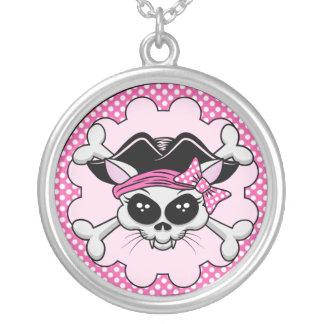 Pirate Princess Kitty Skull Silver Plated Necklace