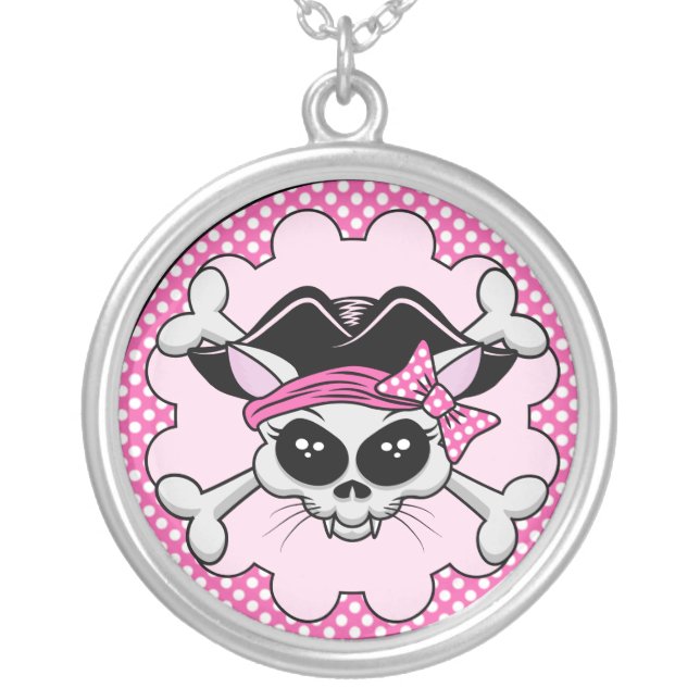 Pirate Princess Kitty Skull Silver Plated Necklace (Front)