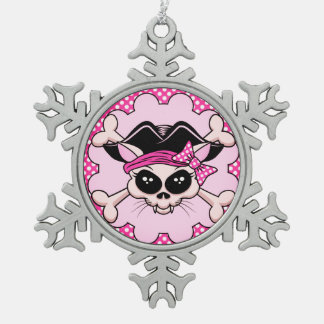 Pirate Princess Kitty Skull Snowflake Pewter Christmas Ornament