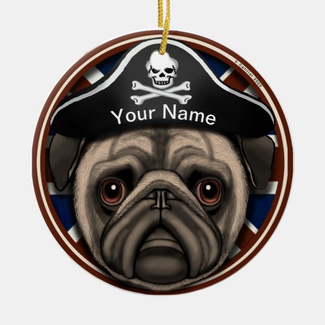 Pirate Pug Ceramic Ornament (Front)