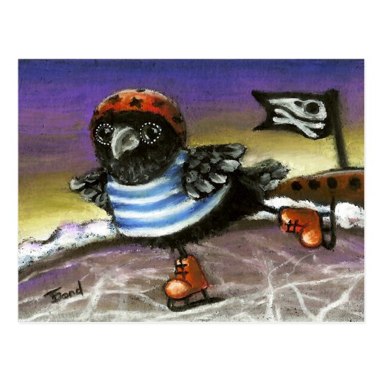 Pirate raven ice skating postcard