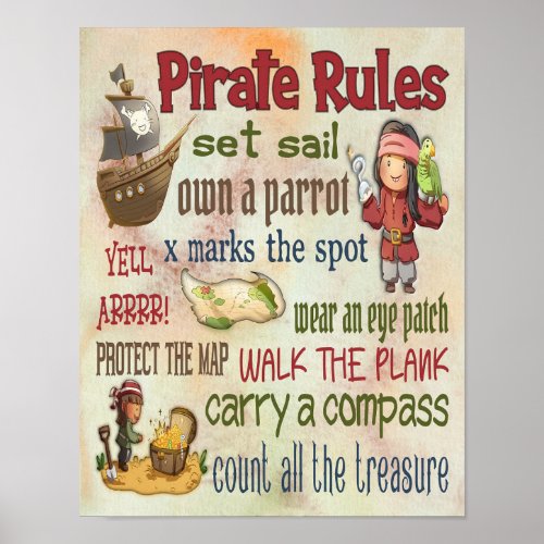 Pirate Rules Motivational Quotes _ 11x14 Poster