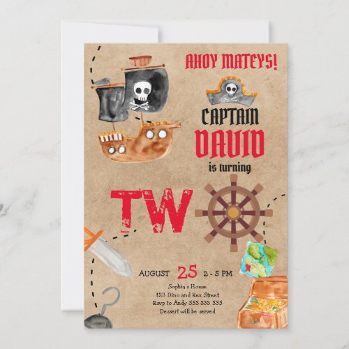 Pirate Second Birthday Boy 2nd Birthday Party Invitation