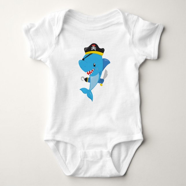 Pirate Shark, Cute Shark, Little Shark, Blue Shark Baby Bodysuit (Front)