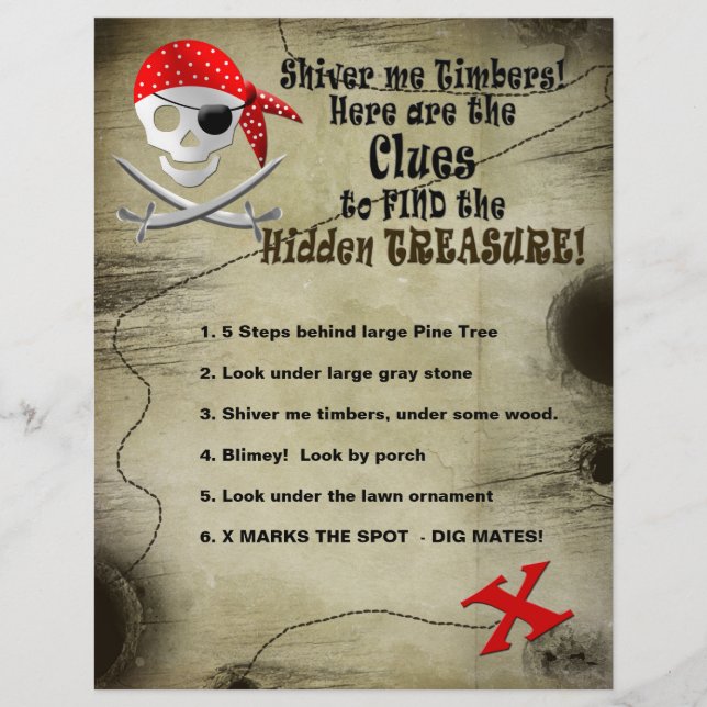PIRATE SHEETS -CLUES TO TREASURE FLYER (Front)