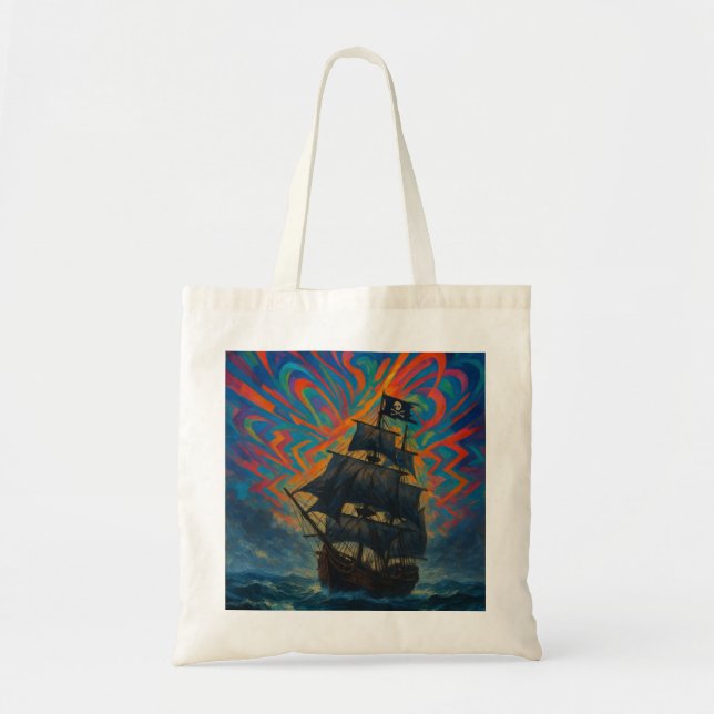 Pirate Ship Amidst Stormy Sea Oil Painting Style Tote Bag (Front)