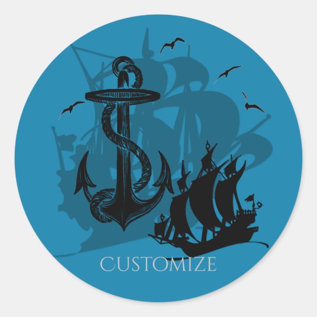 Pirate Ship & Anchor Black Silhouette 2 Classic Round Sticker (Front)