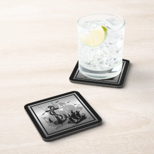 Pirate Ship & Anchor Black Silhouette Coasters 2