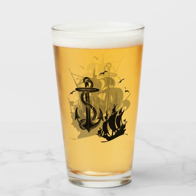 Pirate Ship & Anchor Black Silhouette Glass (Front Filled)
